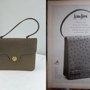 Plucked On Holiday - Vintage 1950s 1960s Nicholas Reich Dark Taupe Beige Ostrich Leather Satchel Handbag Purse 