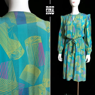 Avant Garde Vintage 80s 90s Teal Abstract Geometric Patterned Silk Dress by Argenti 