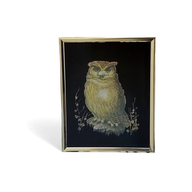 1980s Vintage Perched Owl Foil Art, Kafka Industries, Iridescent Metallic Handcrafted Picture, Woodland Big Eyed Birds of Prey, Home Decor 