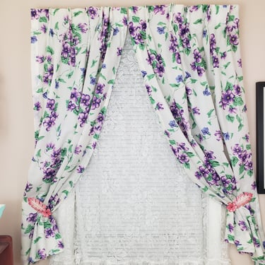 Vintage 1980's Pinch Pleat Curtains / 90s Purple Floral Print Fiberglass Drapes / 4 Panels 