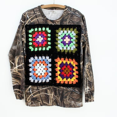 Cattail Camo Upcycled Granny Square Blanket Patch - Long Sleeved T-Shirt Medium 