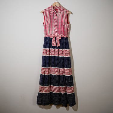 Vintage 1960s Red White and Blue Gingham Polka Dot Floor Length Picnic Dress - Americana - Size Medium 