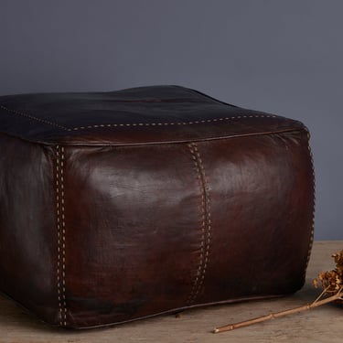 Dark Chocolate Thick Leather Moroccan Poof with Heavy Cream Stitching