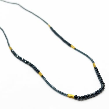 Grey Seed, Gold Vermeil and Black Spinel Beads with Gold Fill Clasp Necklace