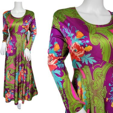1960's Purple Green Psychedelic Floral Print Nylon Maxi Dress I Sz Med 