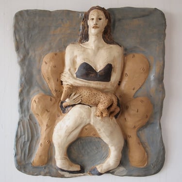 Original SUKI DIAMOND Ceramic Wall SCULPTURE 19x17" Woman with Dog Armchair Chair Studio Pottery Post-Modern Expressionist Modern Art 