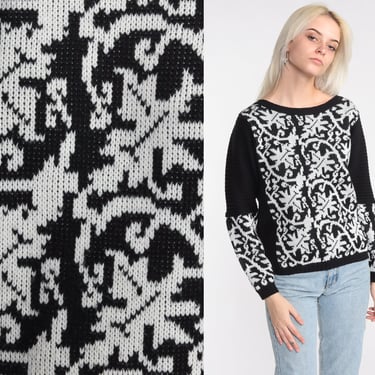 Geometric Leaf Sweater 80s Black White Sweater Brocade Knit Slouchy Pullover Jumper Abstract 1980s Vintage Acrylic Oversized Extra Small xs 