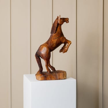 Vintage 60s wooden horse sculpture, XXL carved rearing stallion figurine, modern mid-century decoration, gift for him 