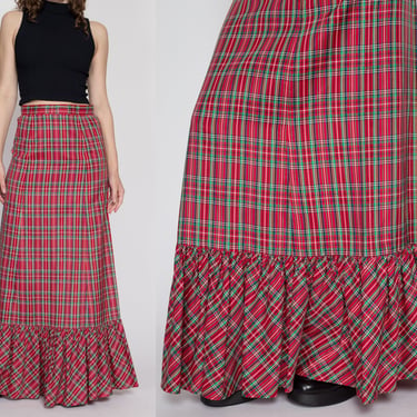 Medium 70s Red Plaid Taffeta Maxi Hostess Skirt 28" | Vintage Boho Christmas High Waisted Long Skirt 