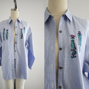 1980s/90s Native American Embroidered Chambray Blouse 