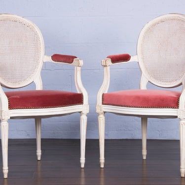 Antique French Louis XVI Style Painted Armchairs W/ Cane Back and Pink Mohair - a Pair 