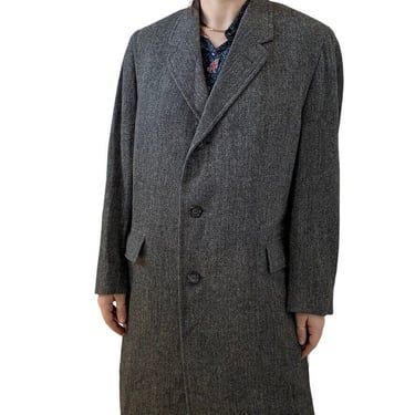 Vintage 1960s Hickey Freeman Gray Chevron Wool Dark Academia Mid Length Coat 39S 