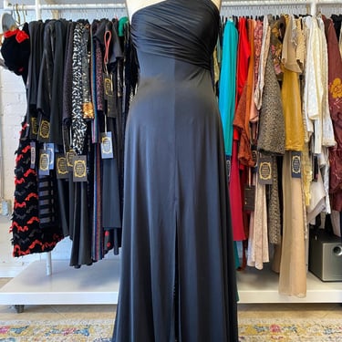 vintage 1970s black one shoulder ruched braided maxi dress, med, disco 70s gown 