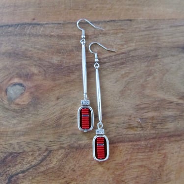 Simple red and silver long silver earrings 2 