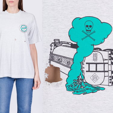90s Hazmat Toxic Waste Truck T Shirt - Unisex Large | Vintage Heather Grey Distressed Graphic Tee 