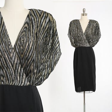 Vintage 70s black chiffon metallic lurex wrap mini dress 