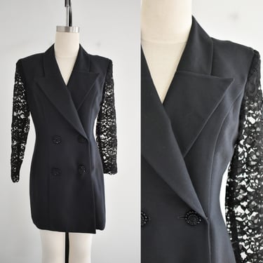 1990s Black Blazer with Lace Sleeves 