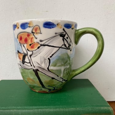 Vintage Horse Racing Mug, Keeneland, Hand Painted, Large, Signed By Artist Jockey On Horse, Equestrian, Lexington Kentucky, Kentucky Derby 