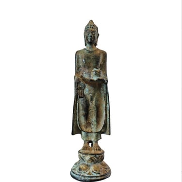 Small Antique Healing Medicine Buddha Southeast Asian Thai Bronze Standing Figure Statue Religious Icon 