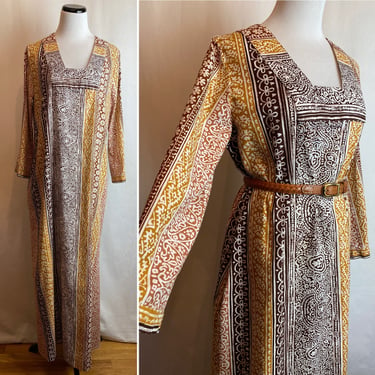 60’s long maxi dress~ 100% cotton kaftan neutral tone brown golden tiki print boho hippie sunny 1960s 1970s size Medium 
