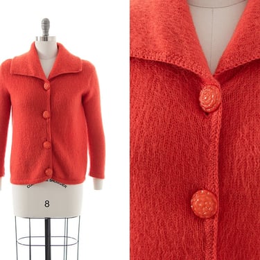 Vintage 1960s Cardigan | 60s Hot Coral Salmon Pink Knit Mohair Long Sleeve Collared Sweater Top (medium) 