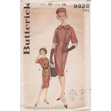 Vintage 1960s Butterick Sewing Pattern 9928, Misses Panel Front Dress with Pencil Skirt, Mid-Century Wiggle Dress, Size 12 Bust 32, VFG 