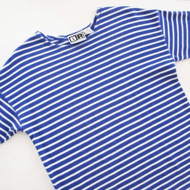 Vintage 90s Blue Striped Shirt S M -  1990s Knit Cotton T Shirt  Boxy Dropped SHoulder 