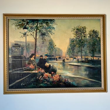 1970's Vintage Fairfax Impressionist Parisian Street Scene Oil on Canvas Painting, Frame 