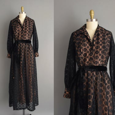1970s vintage dress | Peach & Black Long Sleeve Lace Full Length Dress | Medium | 70s dress 