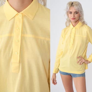 Yellow Blouse 80s Half Button up Top Long Sleeve Polo Collared Shirt Retro Basic Minimal Simple Plain Preppy Vintage 1980s Medium Large 