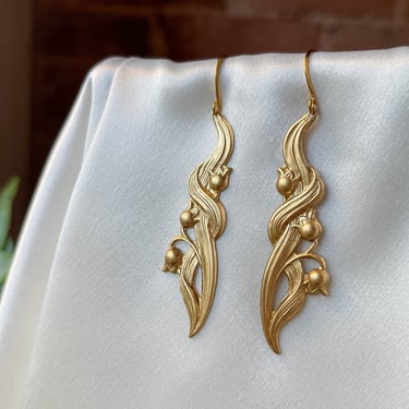 gold flower earrings, Victorian lily of the valley earrings, vintage brass earrings, nature woodland gift for her, statement earrings 