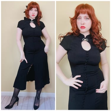 1990s Vintage Collections Rayon Wiggle Dress / 90s Black Cut Out Neck Mandarin Collar Dress / Size Medium 