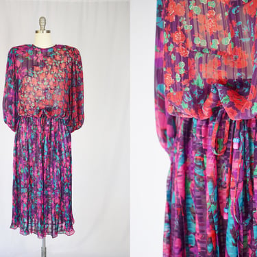 1980s Diane Freis Dress Set | S/M | Vintage 80s Floral Print Silk Georgette Blouse with Balloon Sleeves and pleated Skirt 