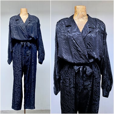 Vintage 1980s Black Silk Jacquard Jumpsuit with Batwing Sleeves, Vogue Alley Medium Size 12 