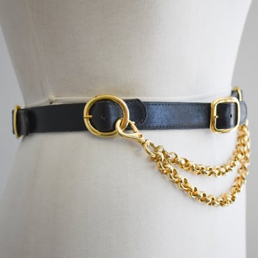 1980s/90s Patricia Green Black Leather and Gold Chain Belt 