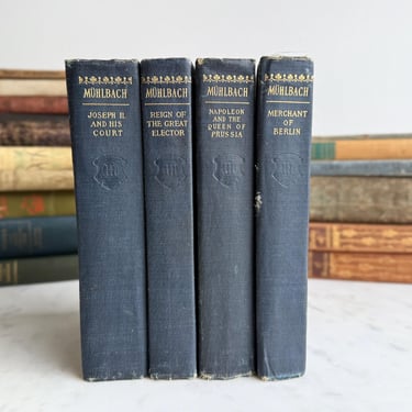 Set of 4 Antique Books Muhlbach 1800s Navy Blue Hardcover Antique Books Napoleon Joseph II Merchant of Berlin Great Elector Blue and Gold 