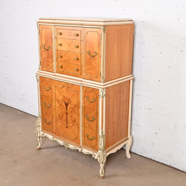 Romweber French Rococo Louis XV Satinwood Inlaid Marquetry and Parcel Painted Gentlemen’s Chest, Circa 1930s
