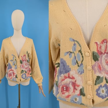 Vintage Susan Bristol Petites Yellow Floral Grandma Cardigan - Vintage Medium Cottage Core Cardigan Sweater 