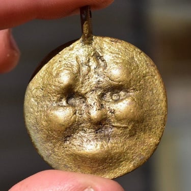 Vintage Solid Brass Grumpy Moon Face Pendant, Unique Worn Gold Brass Face Pendant, Man On The Moon,  Odd and Unusual, Collectible, 1 3/4” 