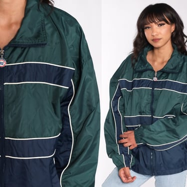 90s Striped Windbreaker Dark Green Blue Color Block Jacket Zip Up Warmup Warm Up Stripes Vintage Retro Sportswear Large L 