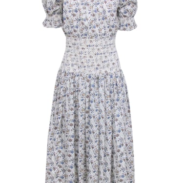 Loeffler Randall - White w/ Blue, Green, & Tan Floral Print Smoked Detail Dress Sz XS