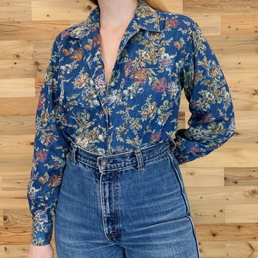 90's Liz Claiborne Soft Chambray Denim Floral Cropped Button Up Blouse Top Shirt 