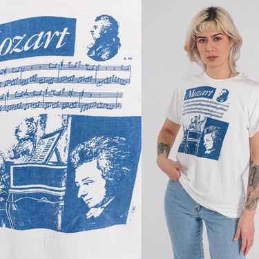 Mozart T-Shirt 90s Classical Music Shirt Piano Composer Graphic Tee Retro Musician Teacher Theory Single Stitch White Vintage 1990s Small S 