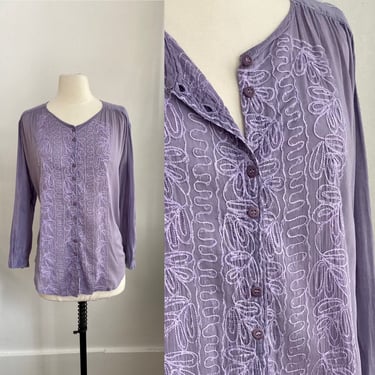 Sweet 70's SHEER EMBROIDERED COTTON Tunic Top / Button Front + Wide Neckline / Pastel Lilac Periwinkle / Made in India 