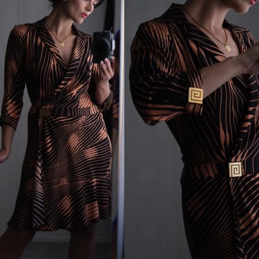 Vintage 90s Gianni Versace Couture Orange & Black Silk Wrap Dress w/ Gold Metal Greek Key | Made in Italy | 100% Silk | 1990s Designer Dress 