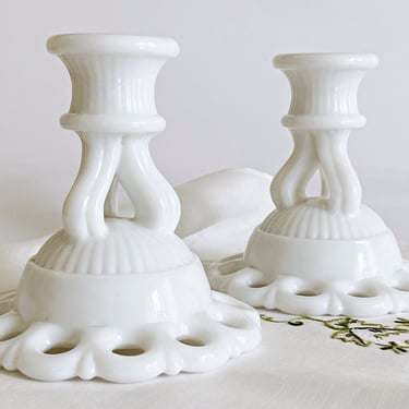 2 Vintage milk glass candlesticks, Westmoreland Glass doric lace single candle holders, white cottage chic home decor 