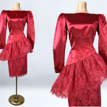 Vintage 80s Red Satin and Lace Peplum Cocktail Party Dress by Sylvia Ann Size 8 | 1980s Fluffy New Wave Prom Dress | vfg 