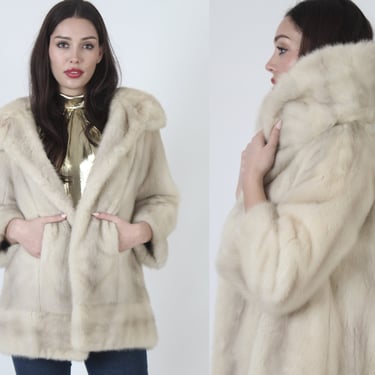 60's Real Platinum Blonde Mink Coat, Tourmaline Fur Under Collar Jacket, Vintage Winter Swing Overcoat With Pockets 