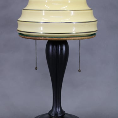 1930s Restored Wooden Table Lamp Glass Shade 