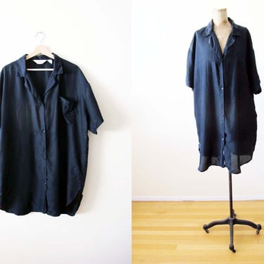 Vintage Black Silk Minimalist Shirt Dress S M - Oversized Baggy Silk Shift Dress - Pajama Dress - Solid Color 